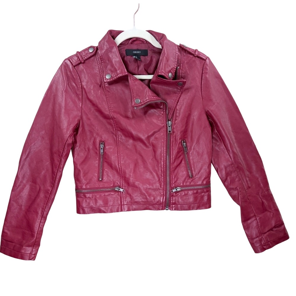 Forever 21 Moto Jacket Women Small Red Faux Leather Asymmetric Zip Biker Coat